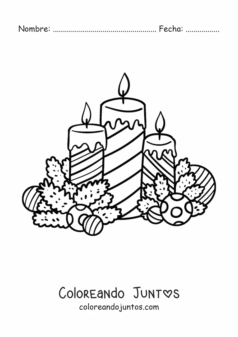 Imagen para colorear de velas de Navidad con bambalinas y adornos