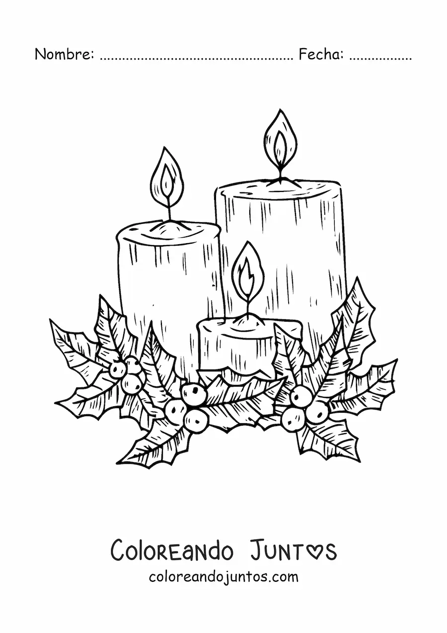 Imagen para colorear de tres velas de Navidad realistas encendidas
