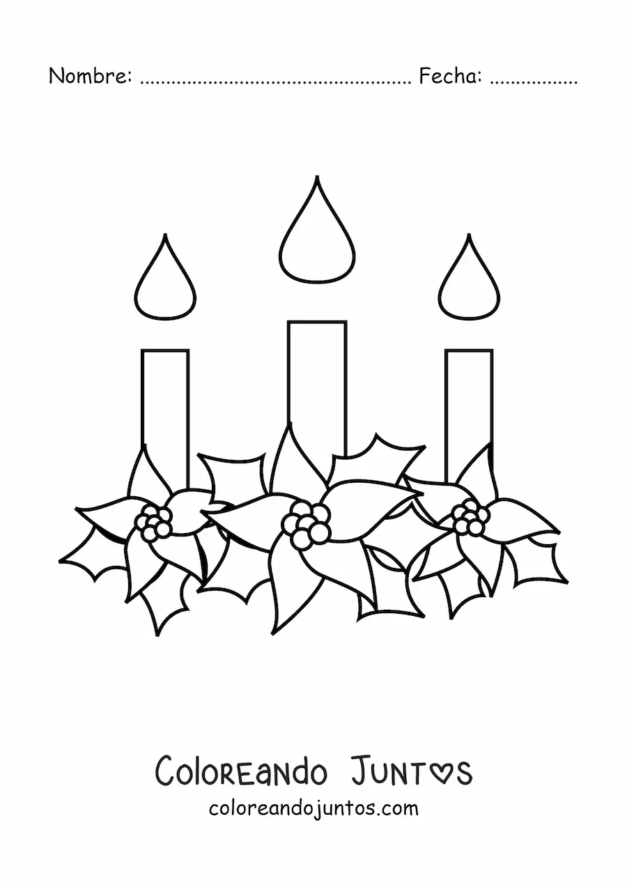 Imagen para colorear de tres velas de Navidad con flores