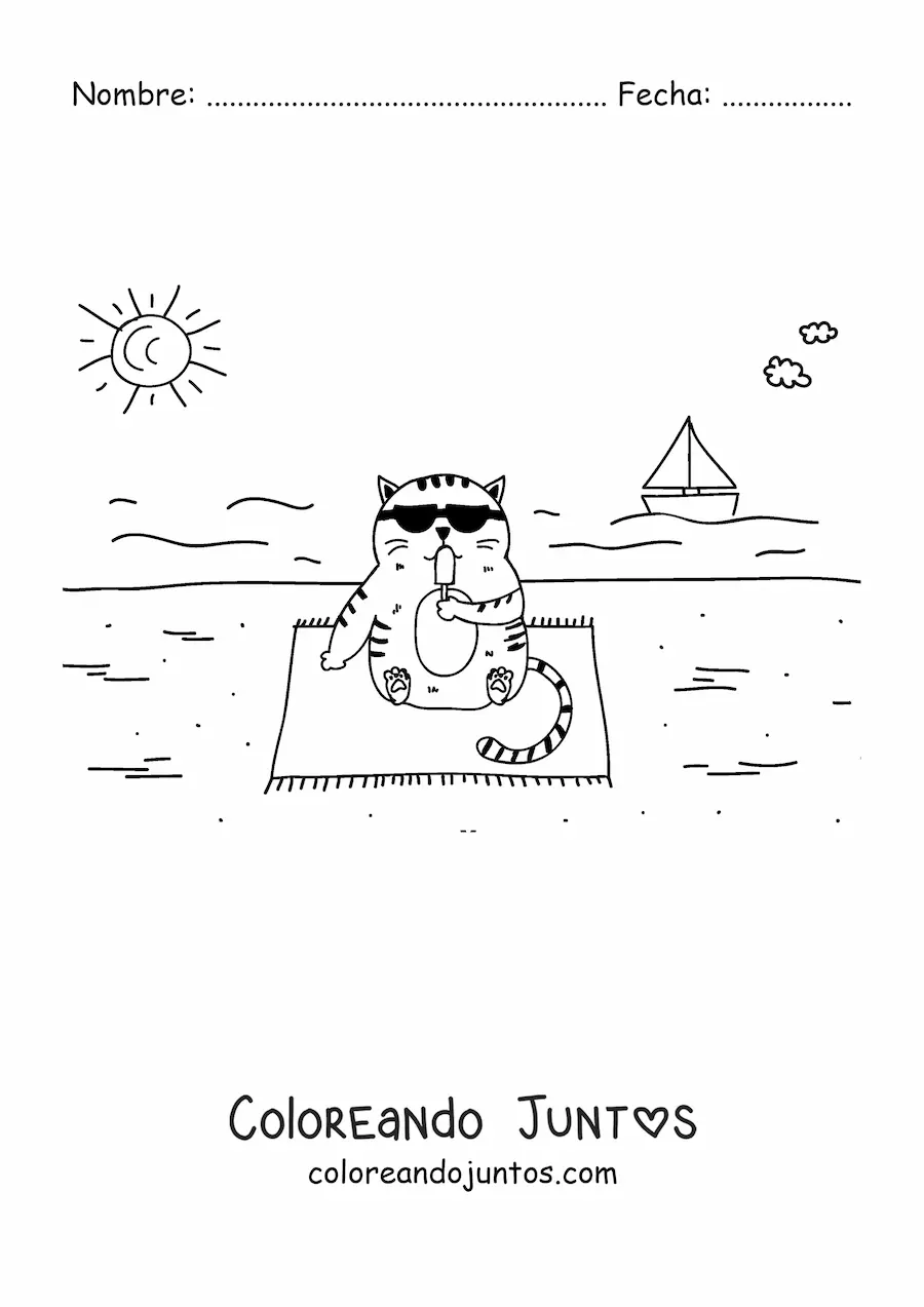 Imagen para colorear de un gato animado sentado comiendo helado en la playa