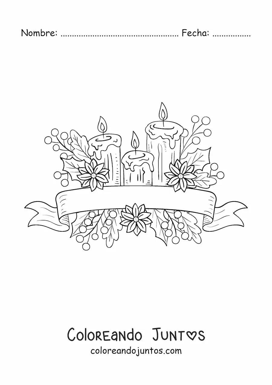 Imagen para colorear de velas de Navidad con hojas y flores