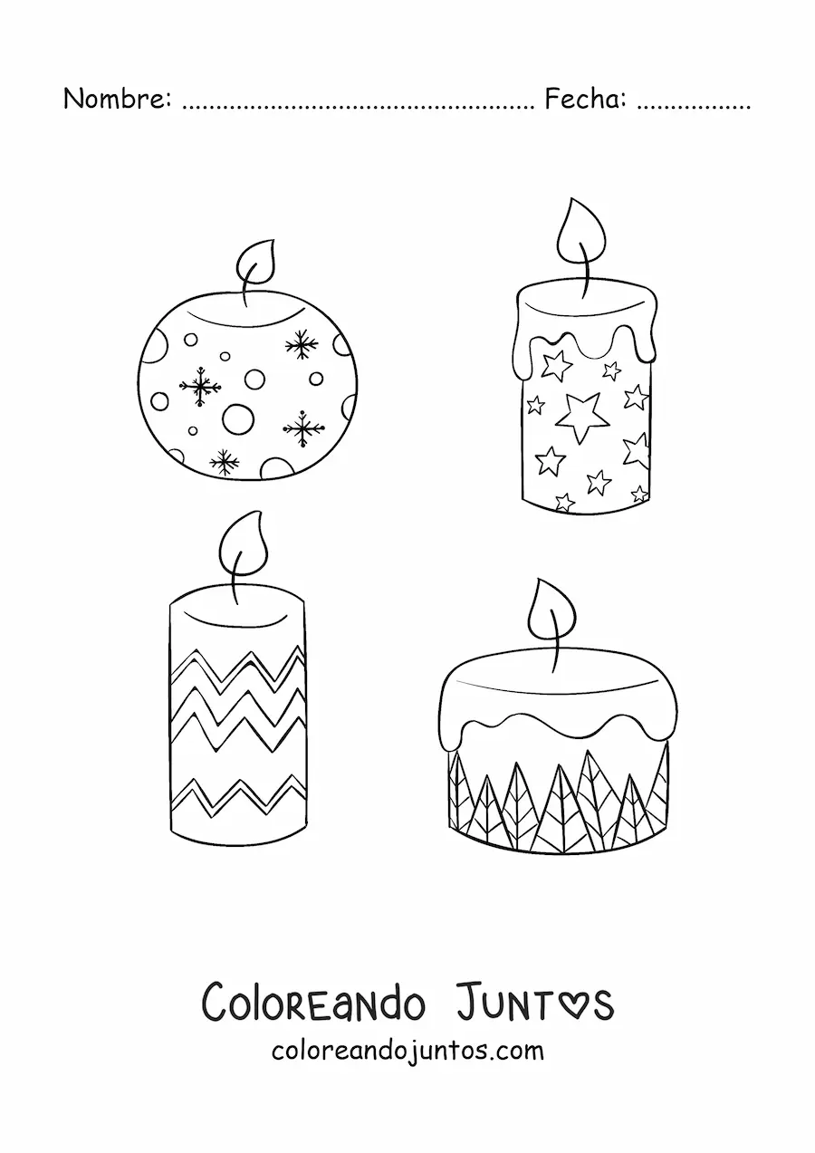 Imagen para colorear de velas de Navidad decoradas con motivos navideños