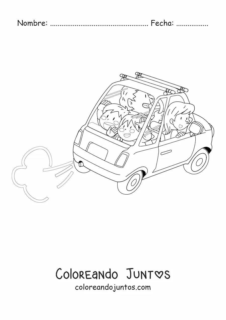 Imagen para colorear de una familia animada en un auto