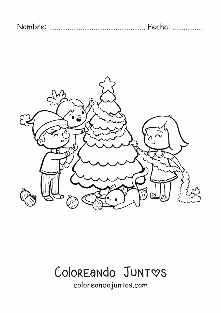 Imagen para colorear de familia kawaii con gato decorando el árbol de Navidad