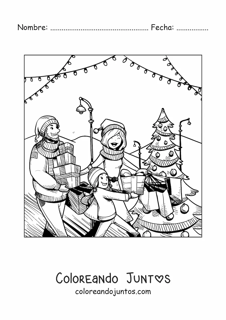 Imagen para colorear de familia haciendo las compras de Navidad