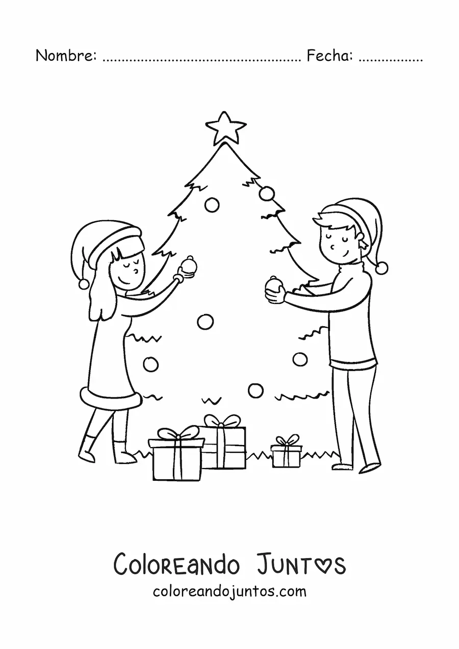 Imagen para colorear de pareja decorando el árbol de Navidad