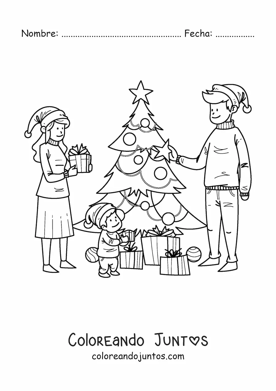 Imagen para colorear de familia en la mañana de Navidad con regalos junto al arbolito