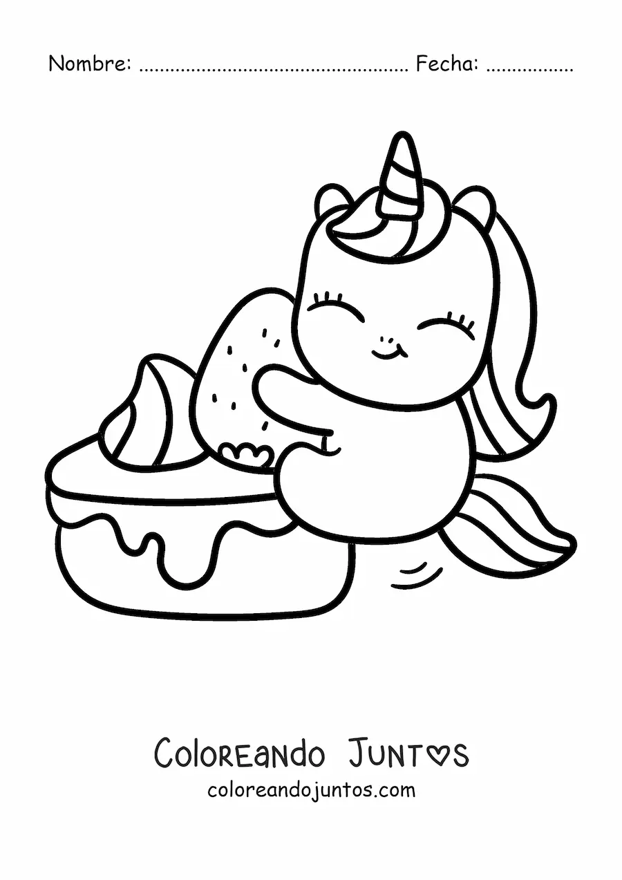 Imagen para colorear de un unicornio animado kawaii con un pastel de fresa