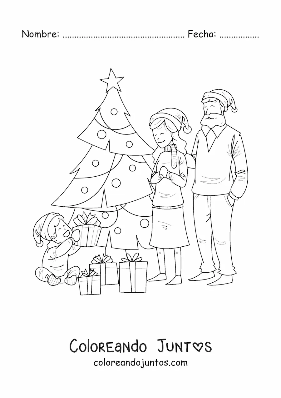 Imagen para colorear de familia con niño junto al árbol de Navidad con regalos
