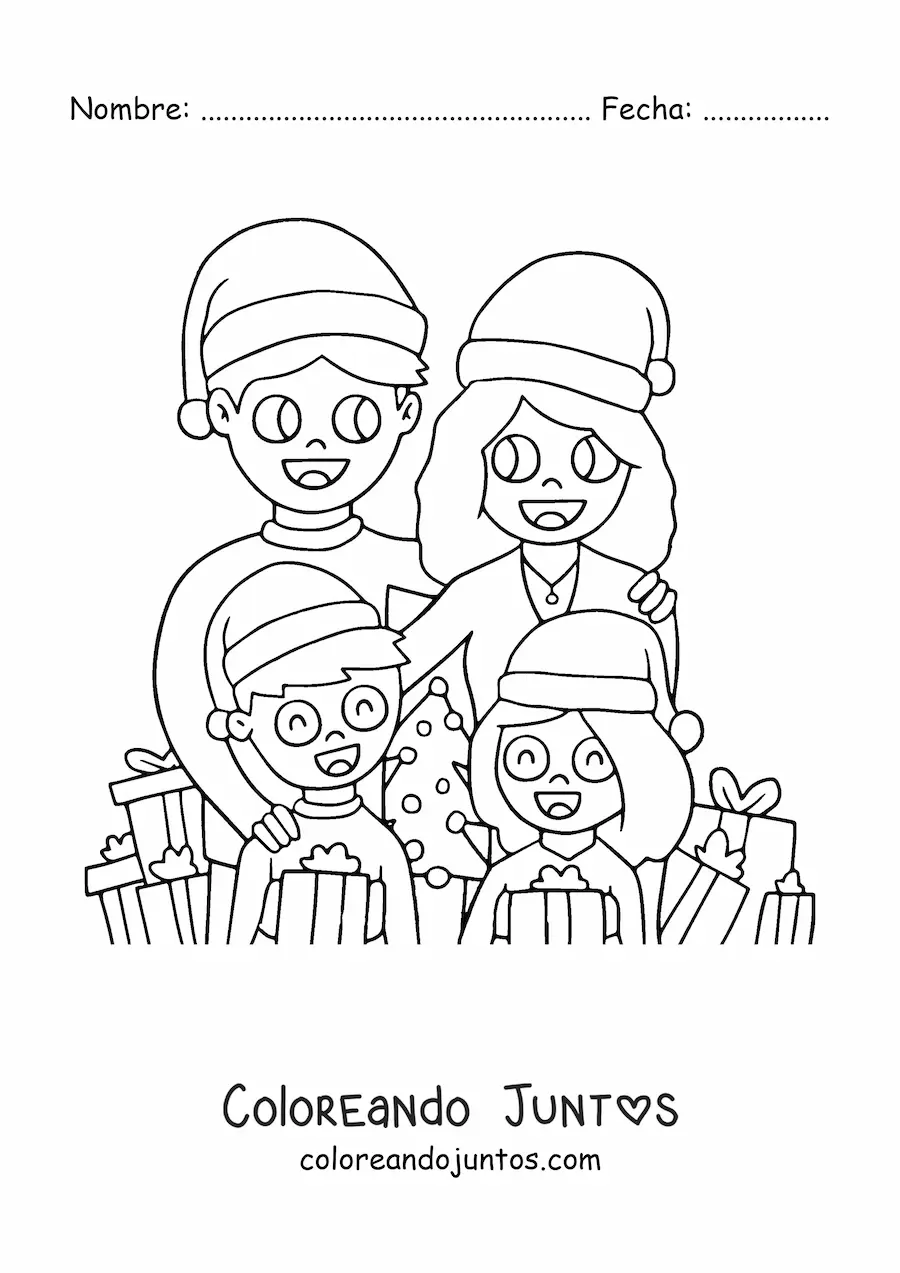 Imagen para colorear de familia de 4 miembros unida en Navidad