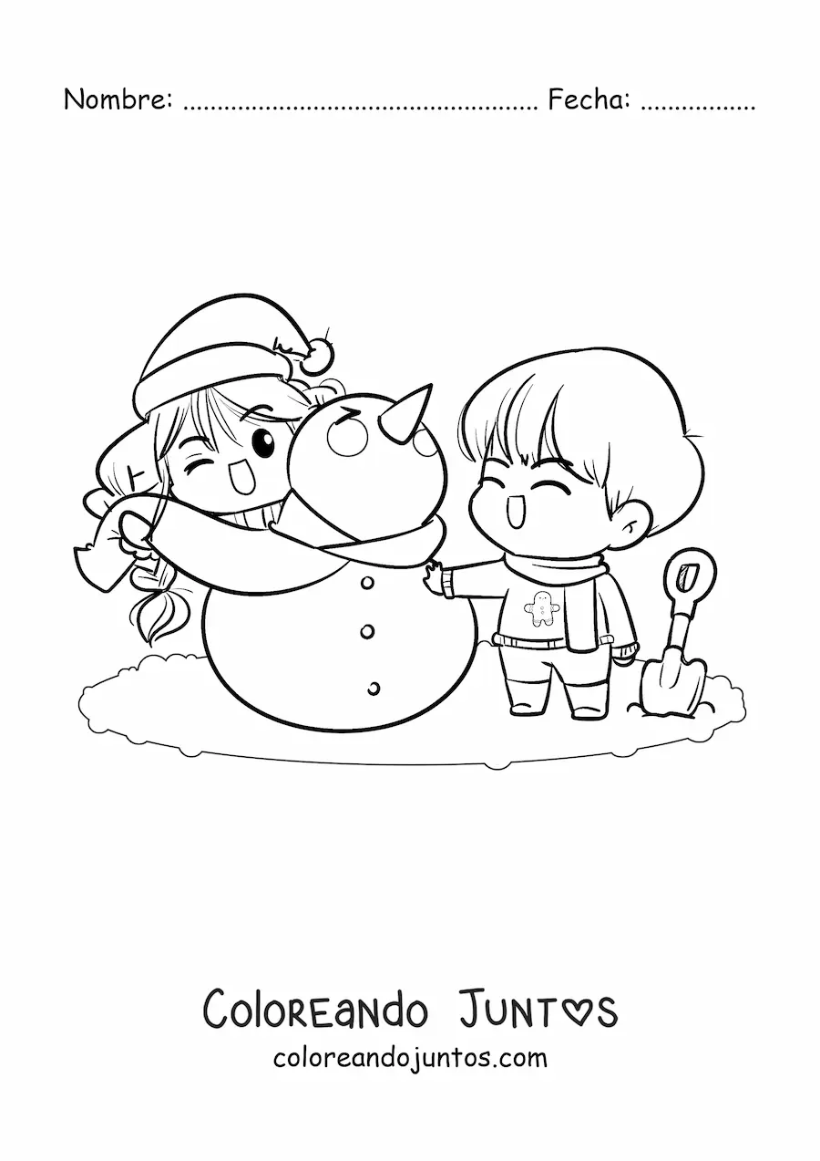 Imagen para colorear de pareja armando muñeco de nieve