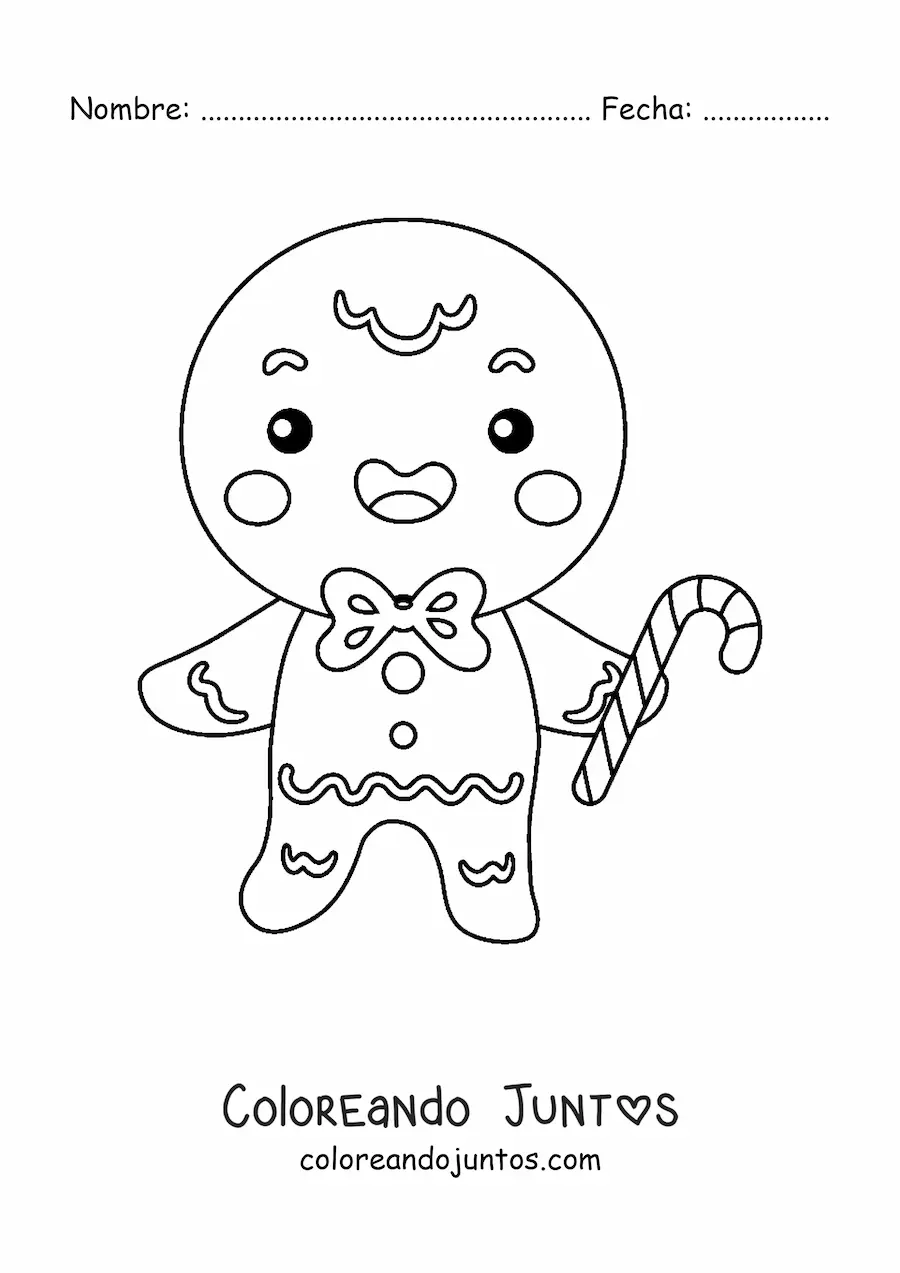 Imagen para colorear de hombre de jengibre kawaii con bastón de caramelo