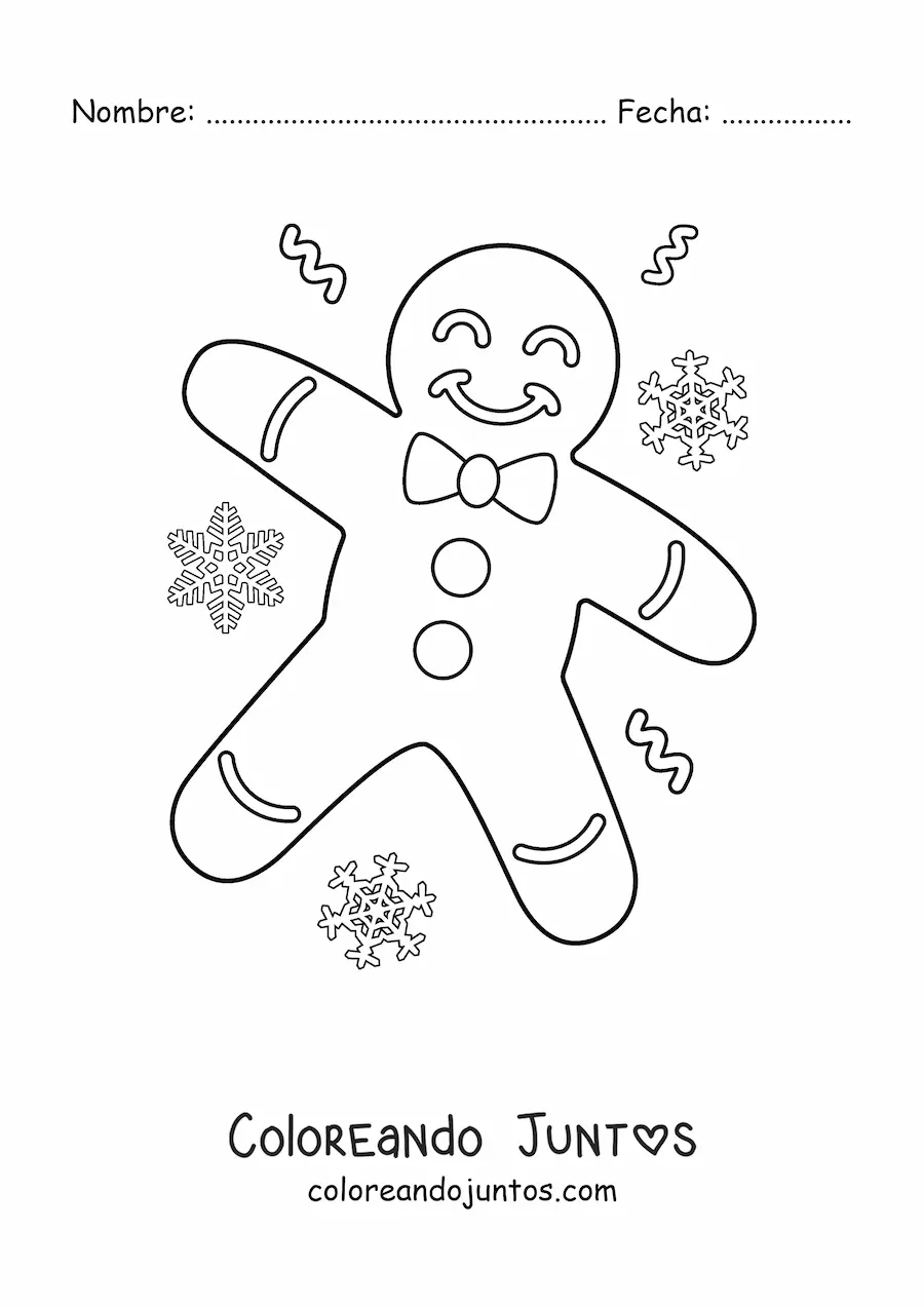 Imagen para colorear de hombre de jengibre grande con copos de nieve