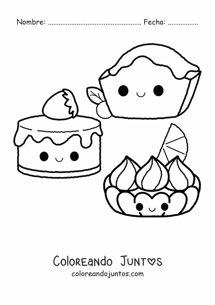 Imagen para colorear de tres pasteles kawaii
