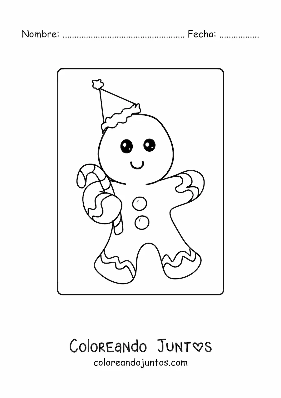 Imagen para colorear de hombre de jengibre animada con bastón de caramelo