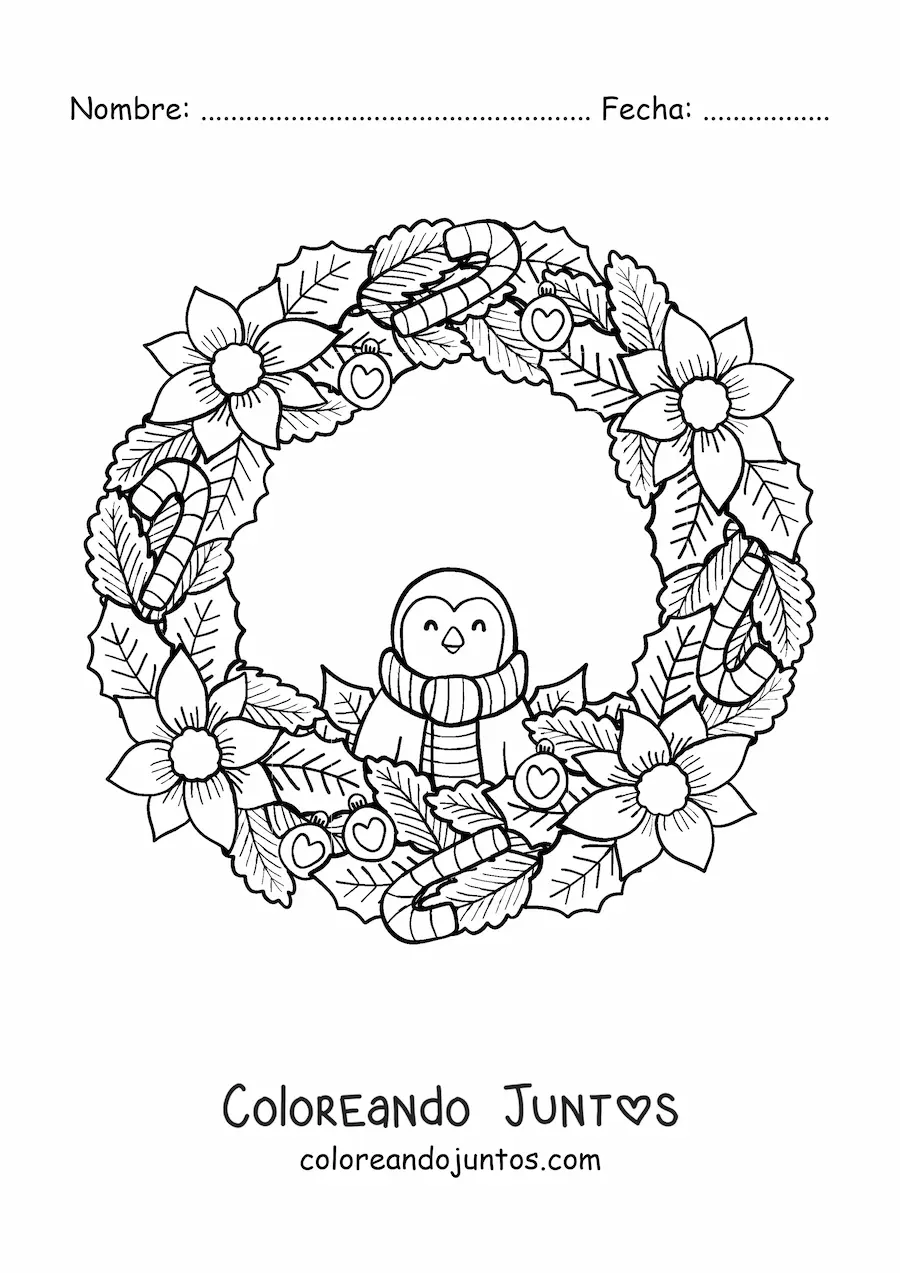 Imagen para colorear de corona de Navidad con pingüino kawaii y flores