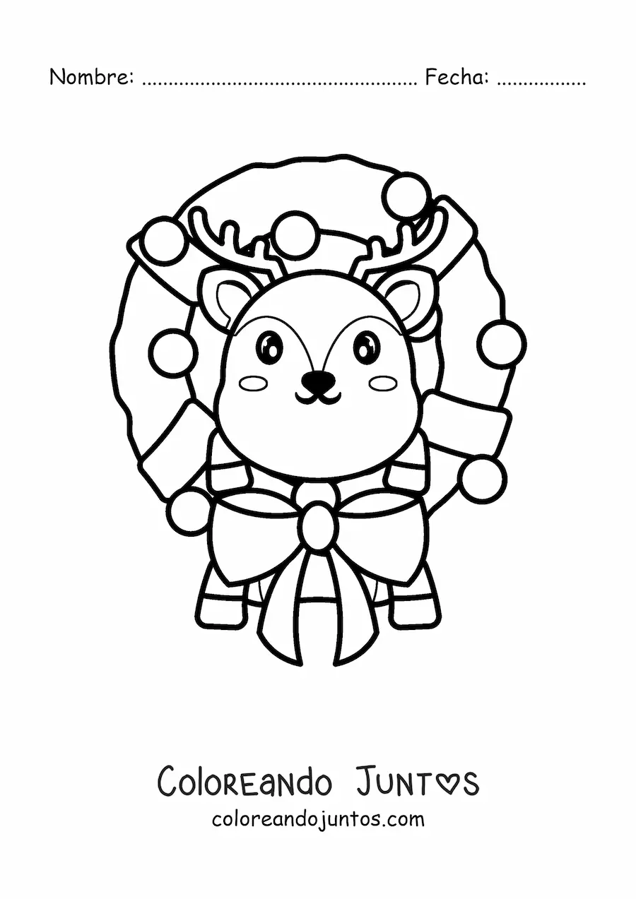 Imagen para colorear de corona de Navidad con reno kawaii