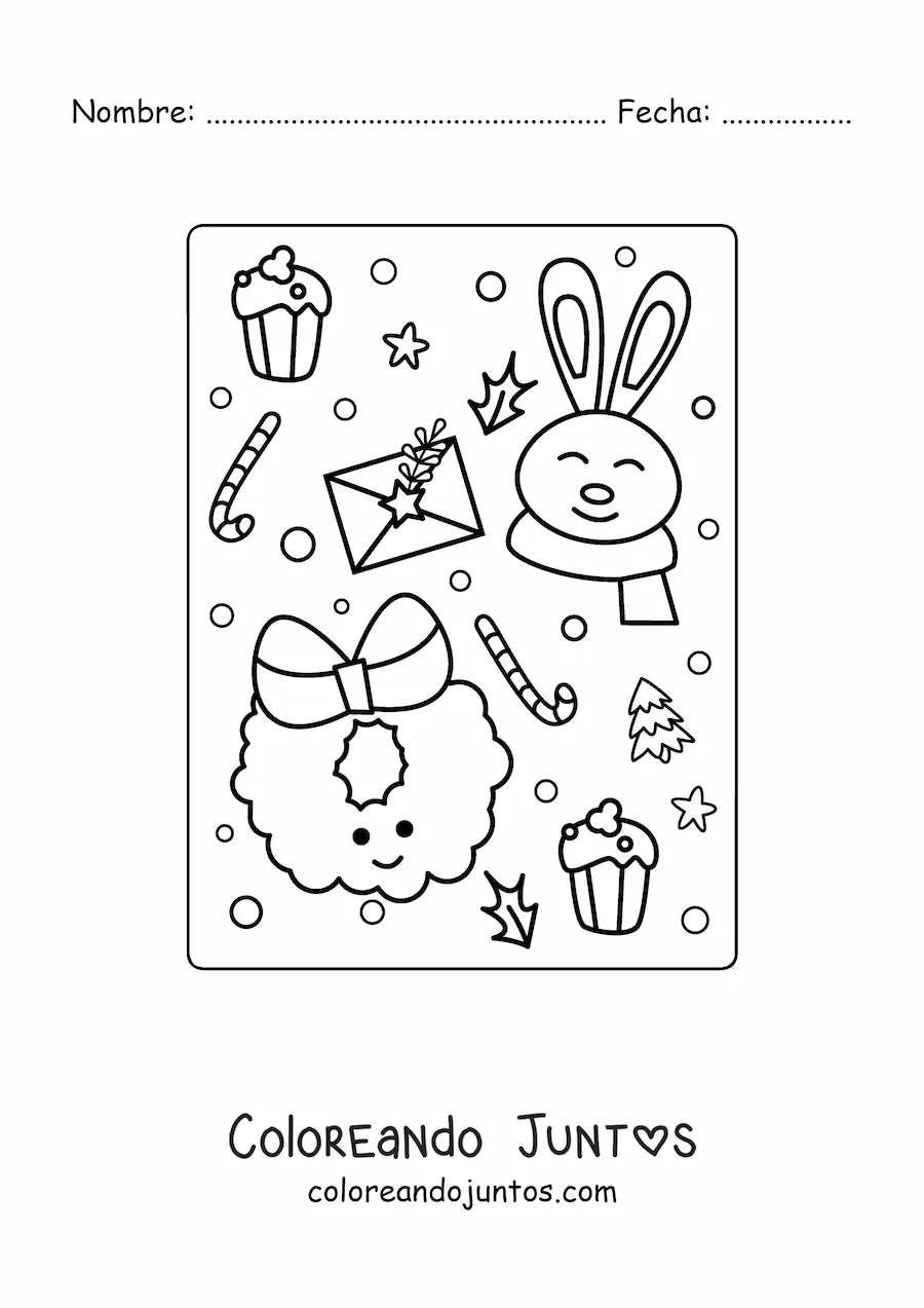 Imagen para colorear de corona de Navidad kawaii animada