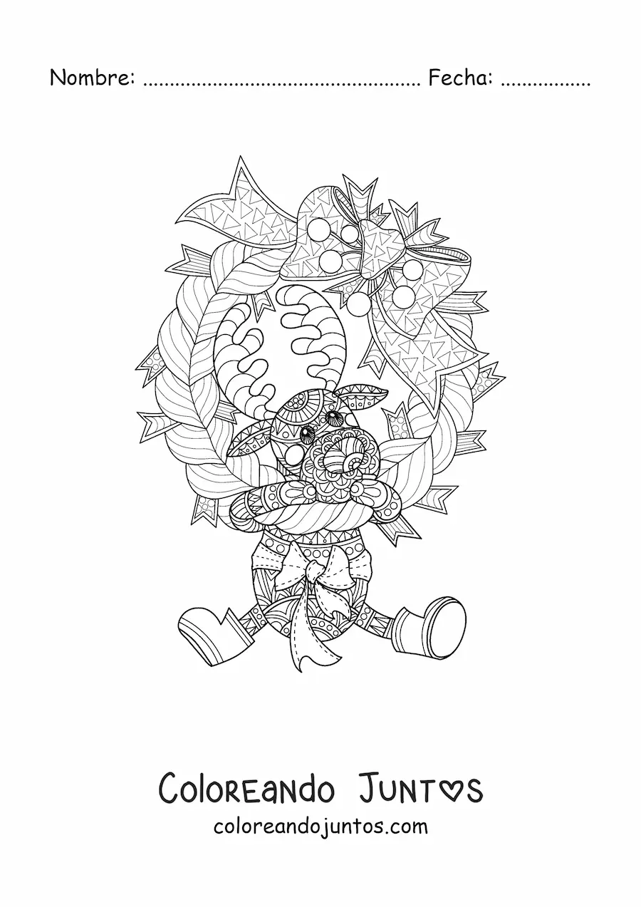 Imagen para colorear de corona de Navidad con mandala de reno