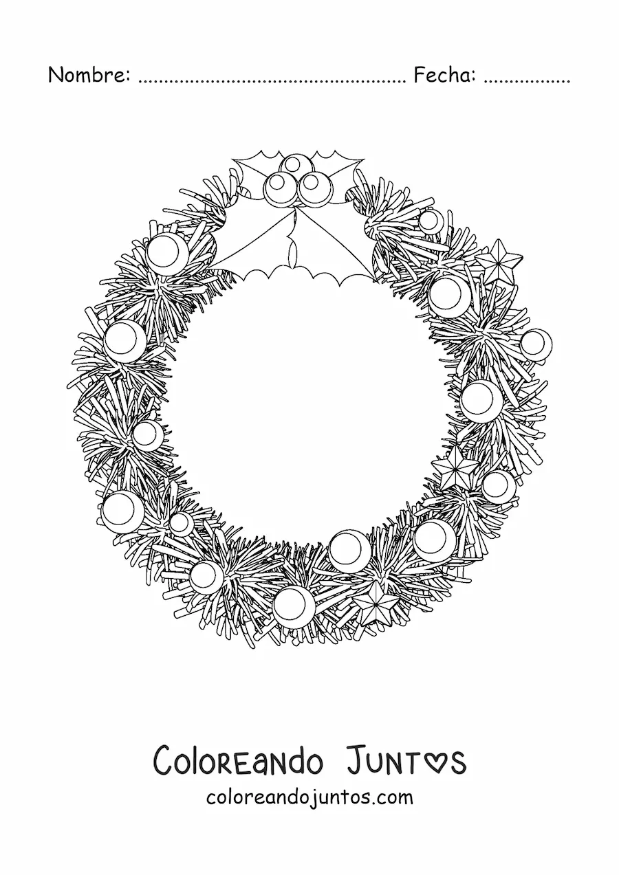 Imagen para colorear de corona de Navidad con decoraciones