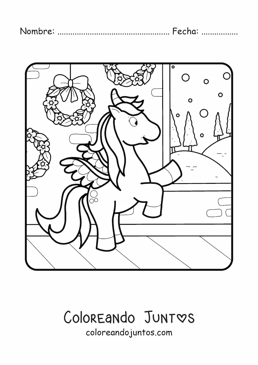 Imagen para colorear de unicornio con coronas de Navidad