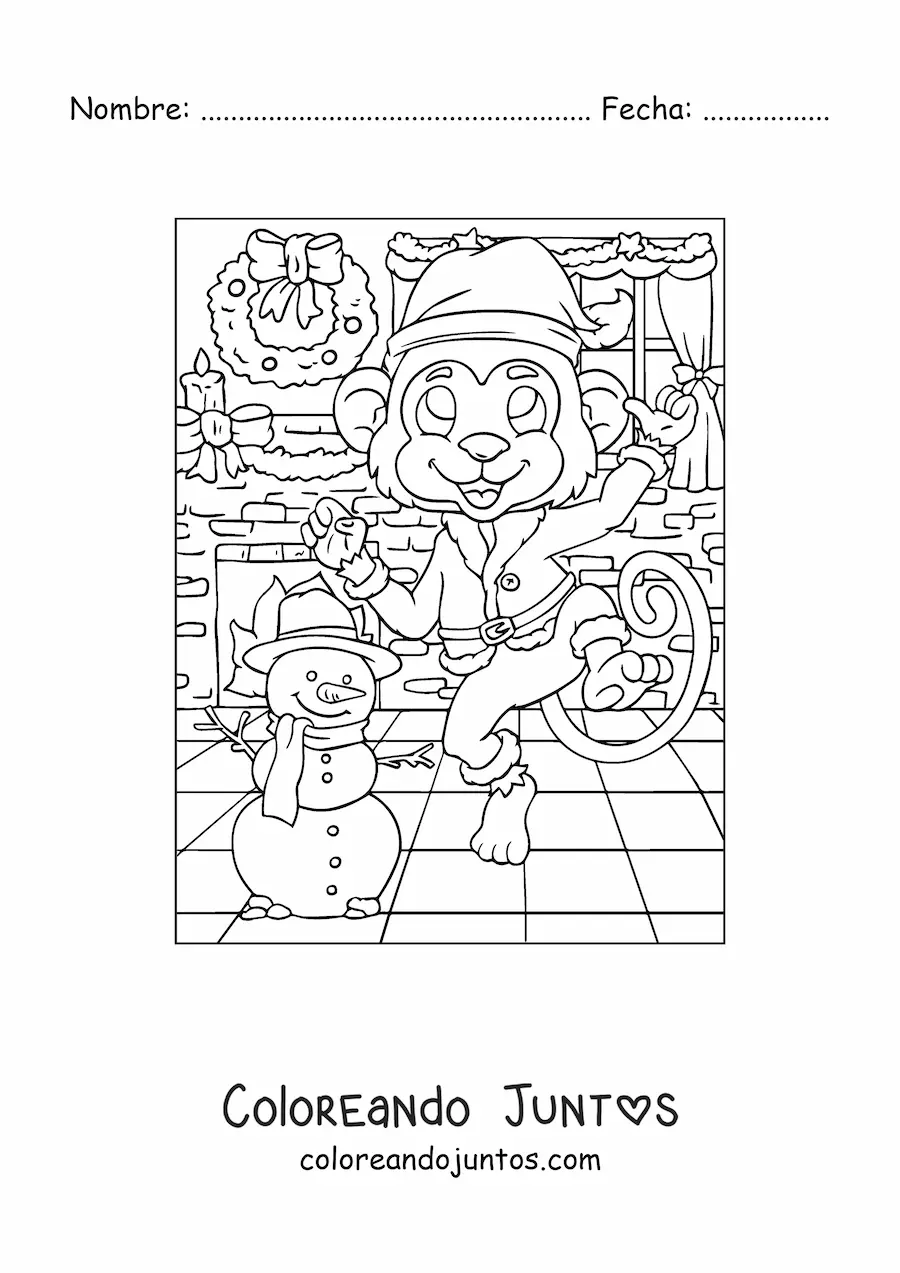 Imagen para colorear de mono animado con corona de Navidad