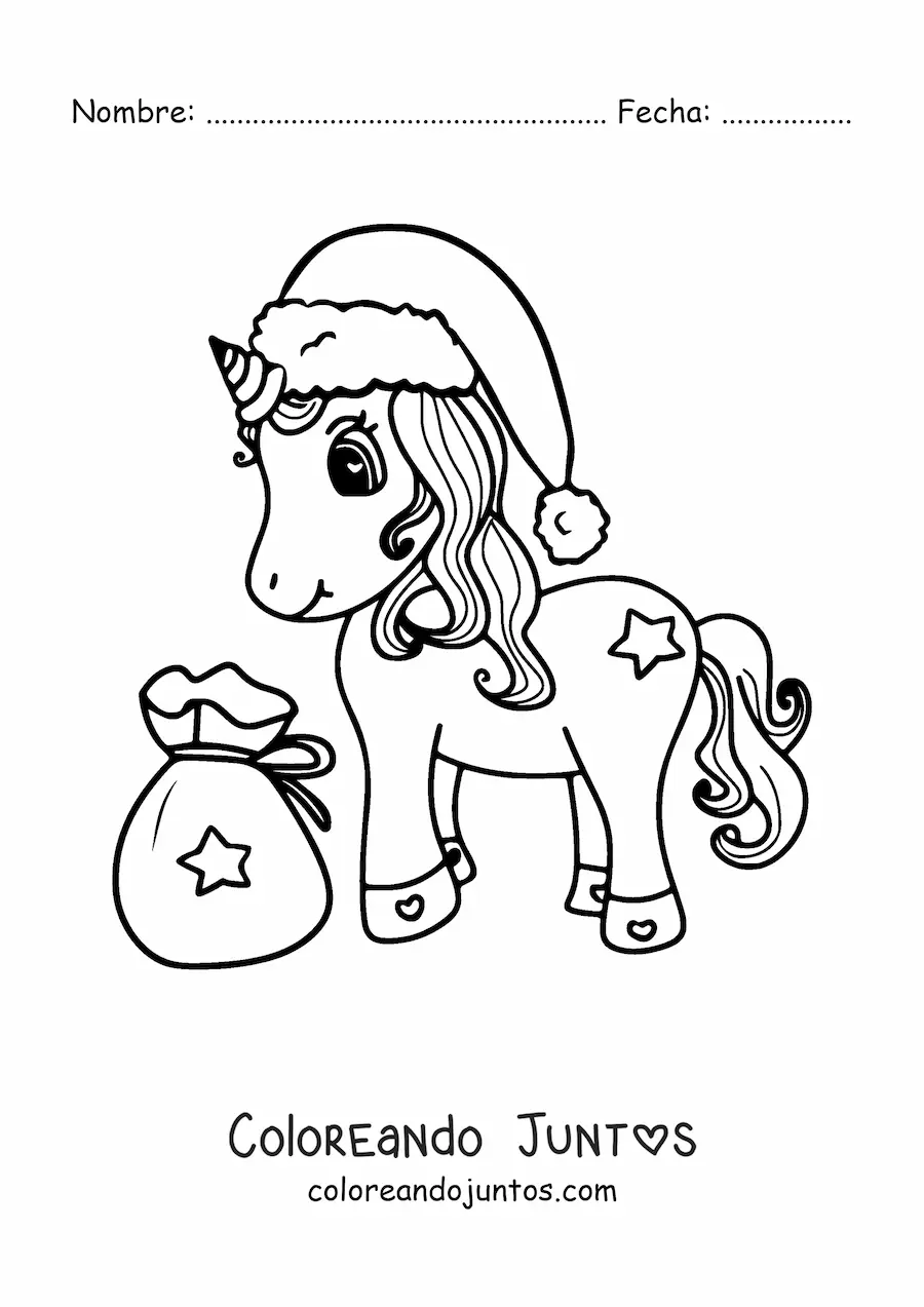 Imagen para colorear de unicornio kawaii con gorro de Navidad