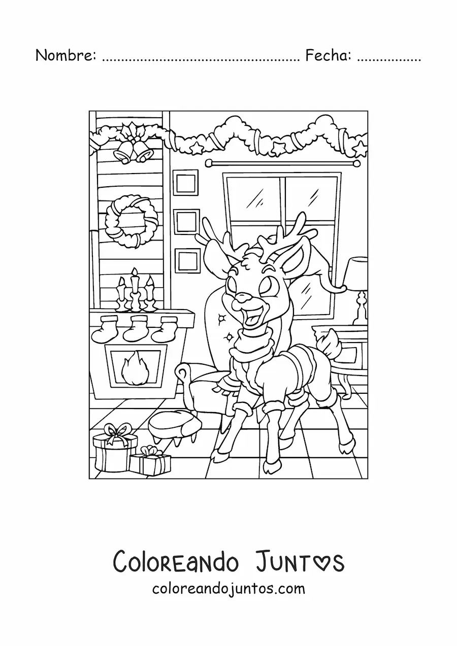 Imagen para colorear de ciervo animado con gorro de Navidad