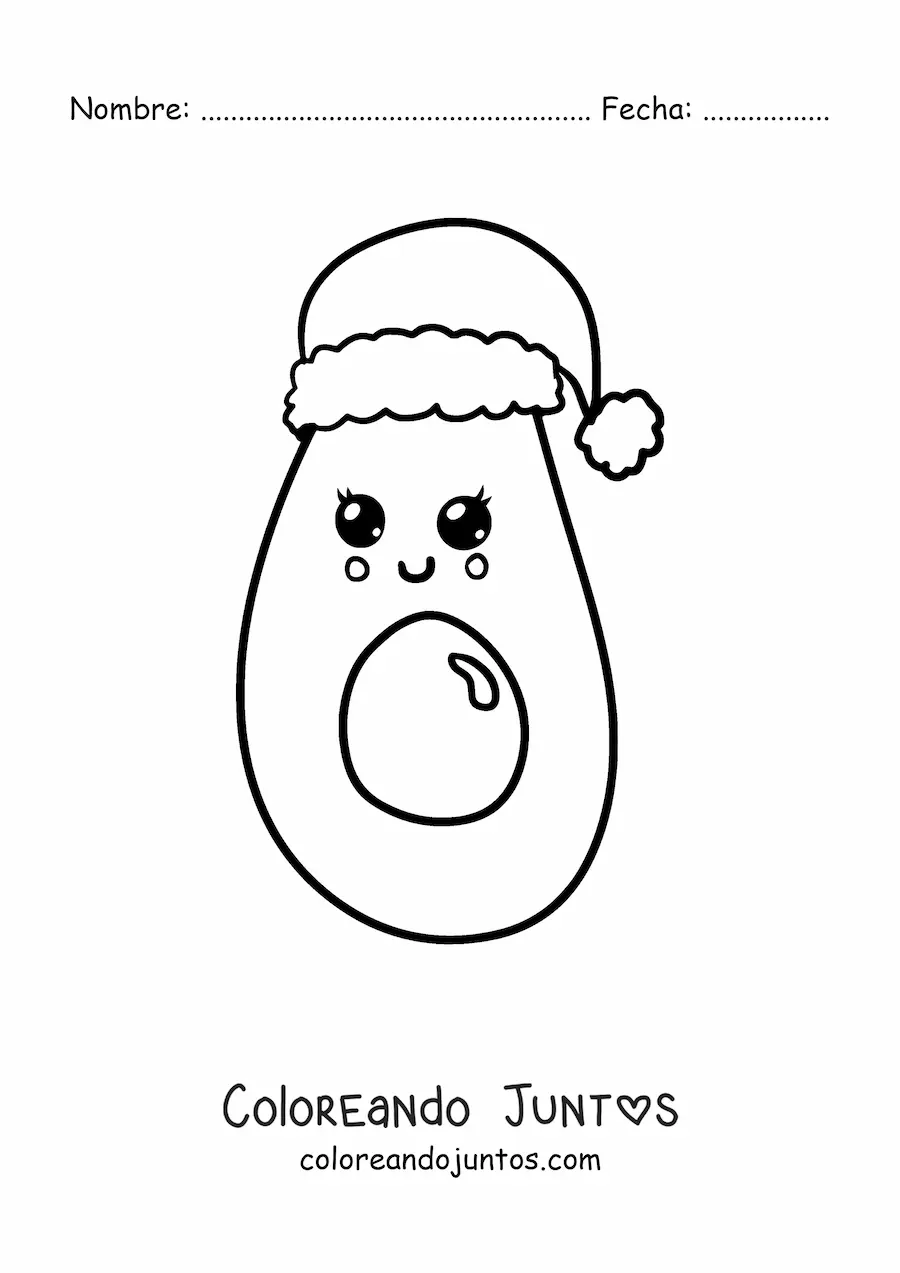 Imagen para colorear de aguacate kawaii con gorro de Navidad