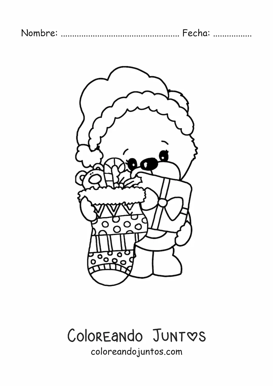 Imagen para colorear de oso kawaii con regalos y bota de Navidad