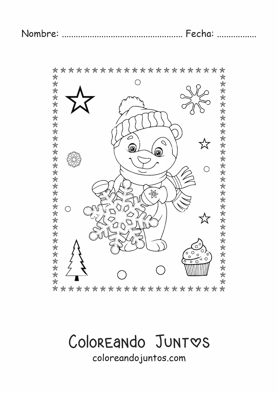Imagen para colorear de oso de Navidad animado con copo de nieve