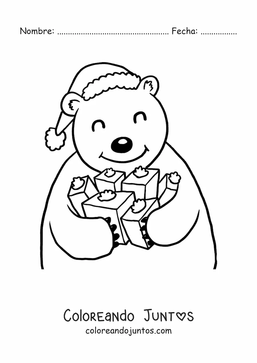 Imagen para colorear de oso con regalos y gorro de Navidad
