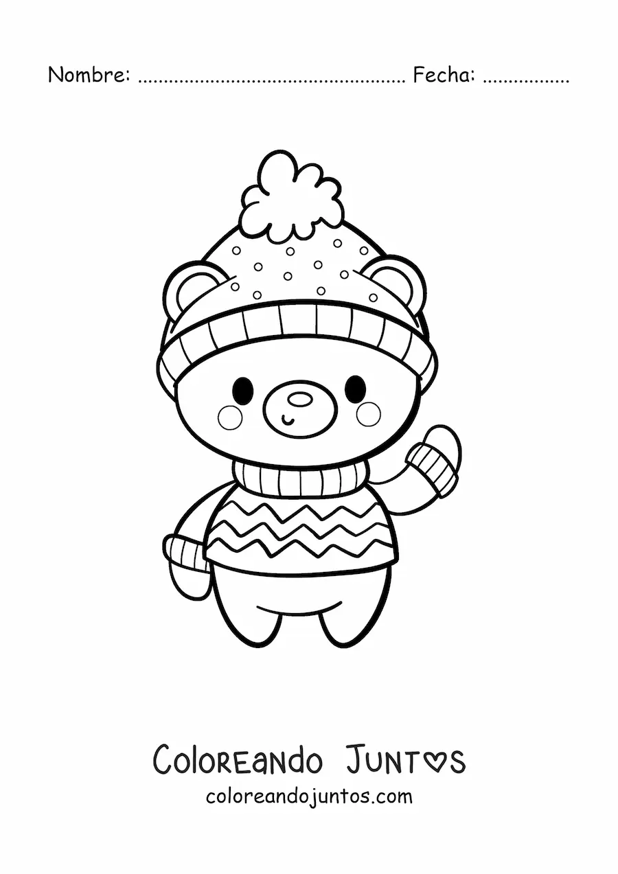 Imagen para colorear de oso de Navidad kawaii con suéter y gorro