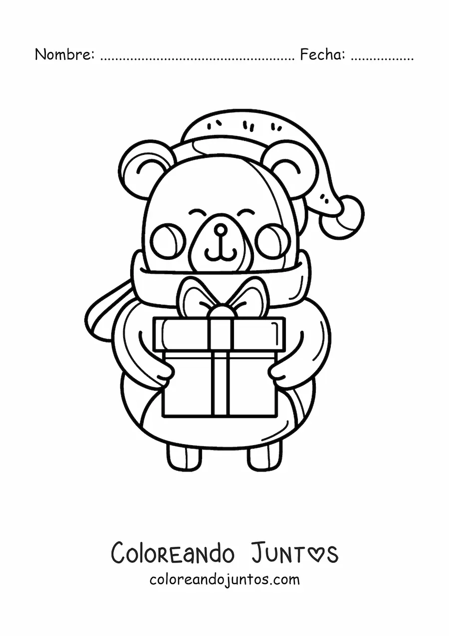 Imagen para colorear de oso de Navidad kawaii con regalo