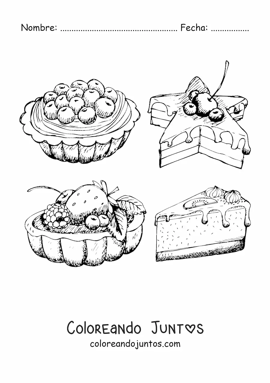 Imagen para colorear de cuatro pasteles de distintas frutas