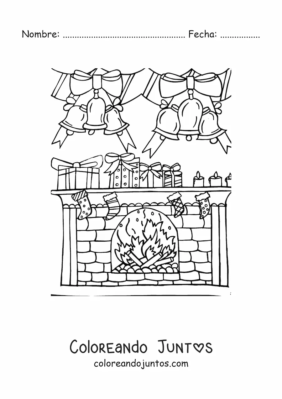 Imagen para colorear de chimenea decorada con calcetines y campanas de Navidad