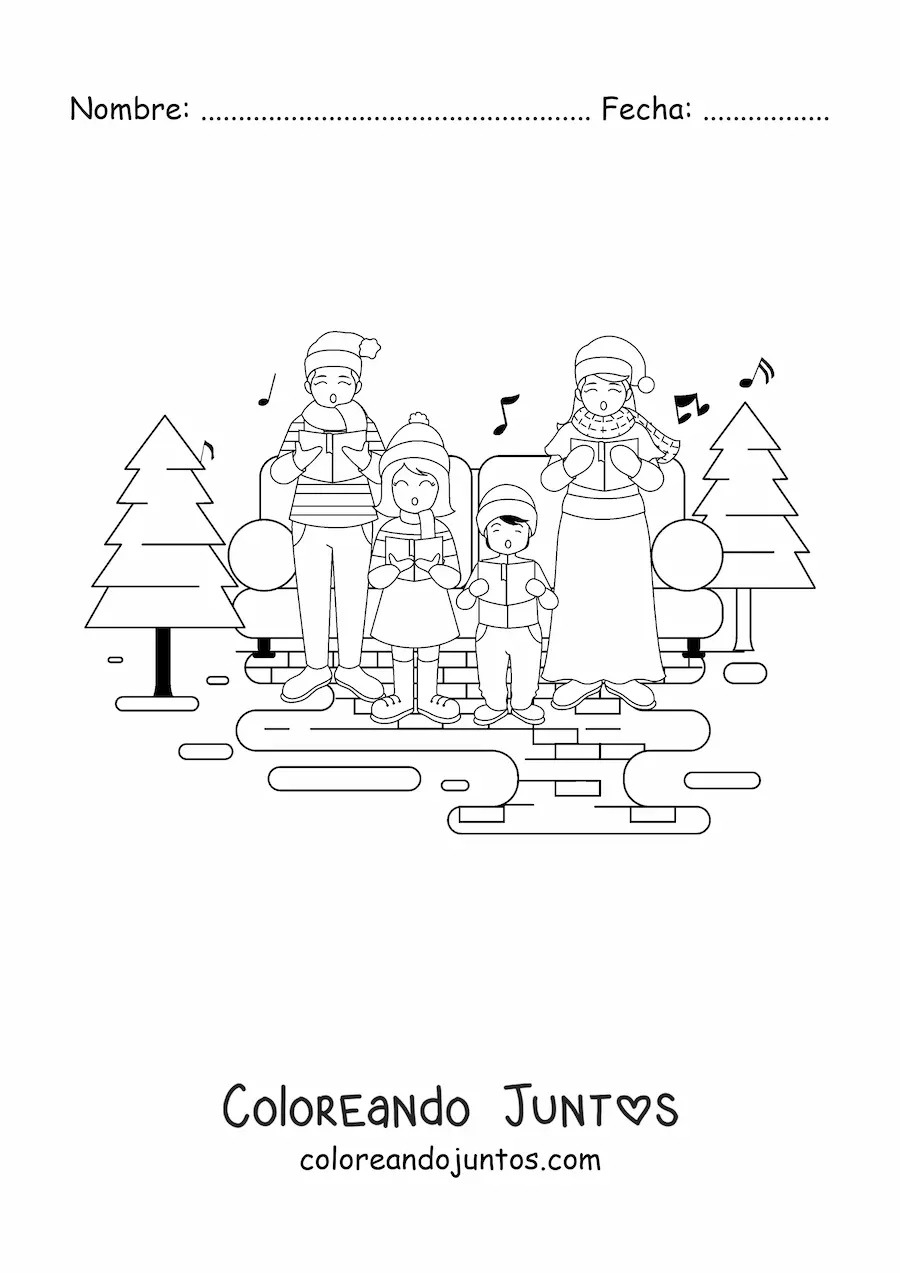 Imagen para colorear de familia grande cantando villancicos en Navidad