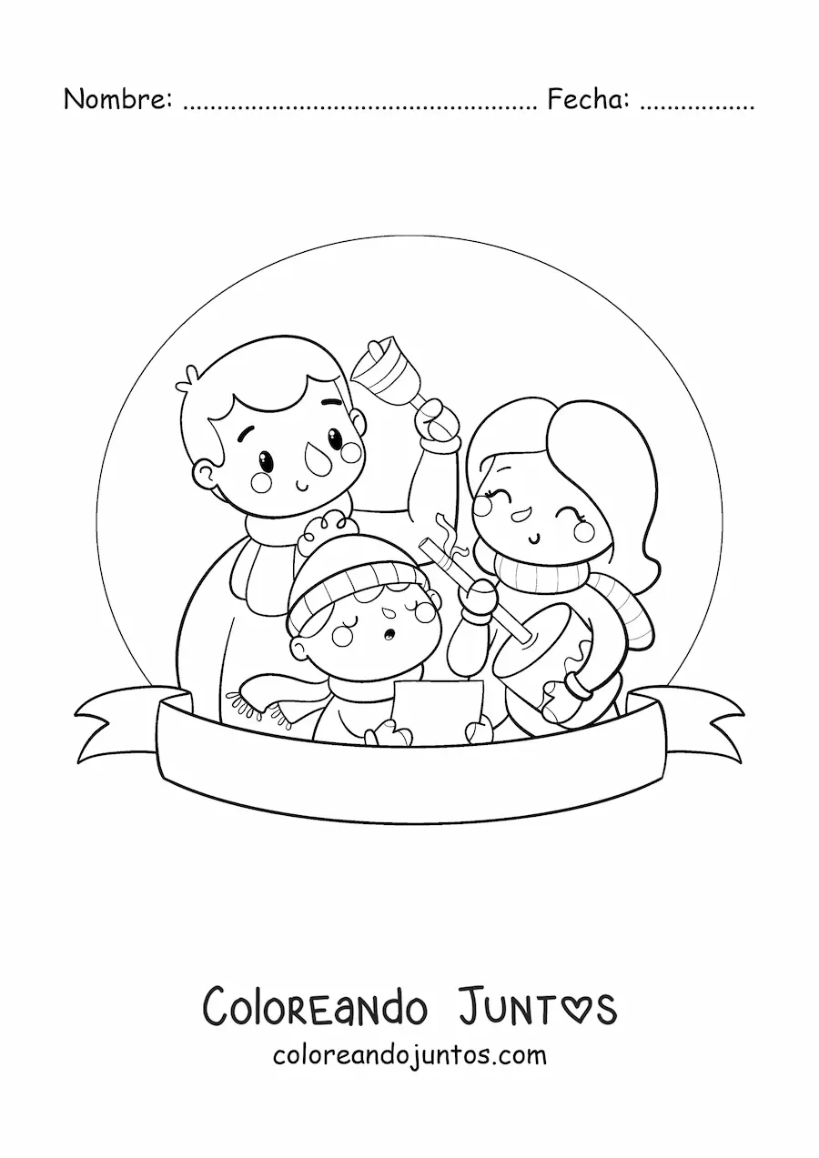 Imagen para colorear de niño con su familia cantando villancicos al niño dios