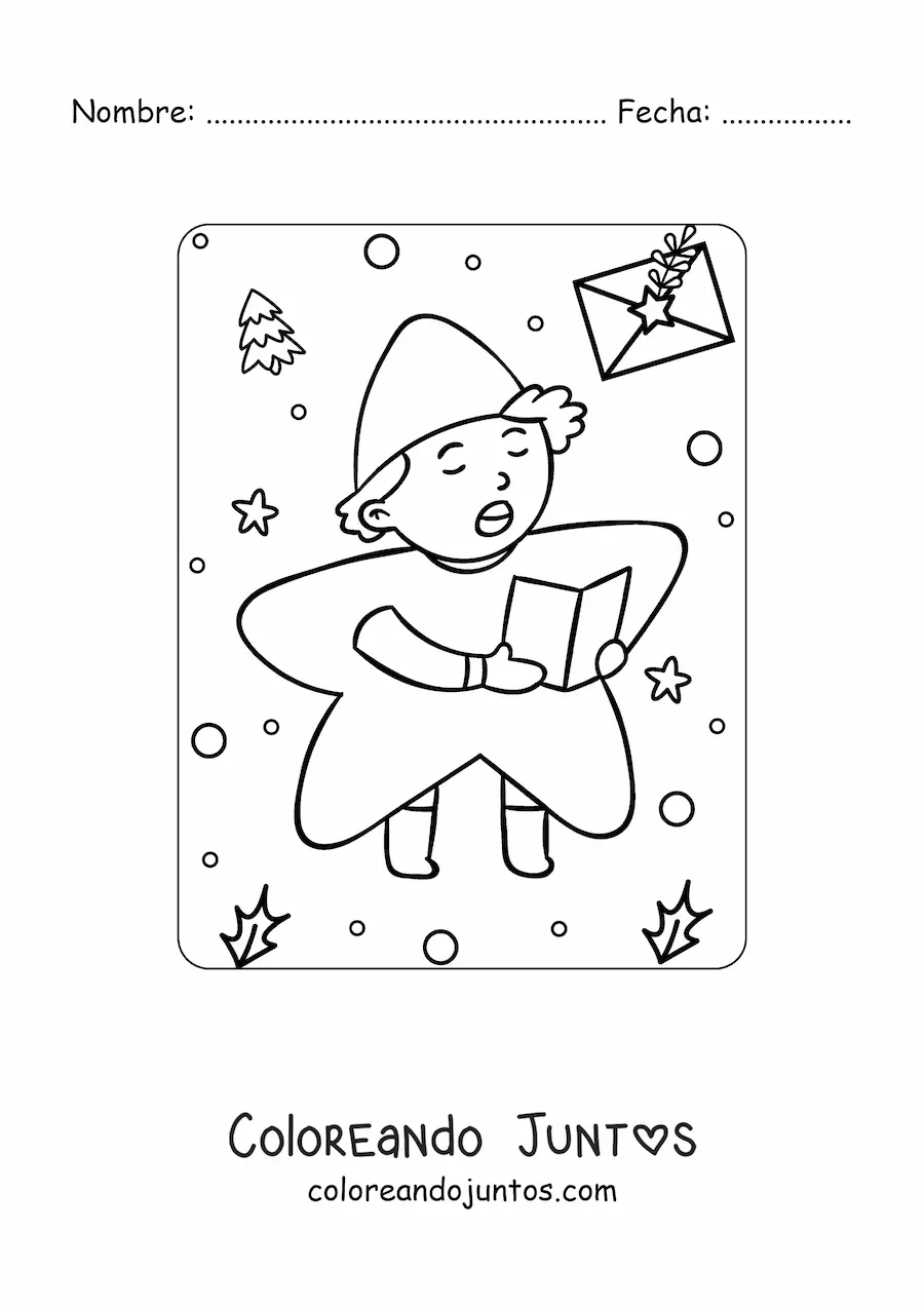 Imagen para colorear de niño disfrazado de estrella cantando villancicos en Navidad