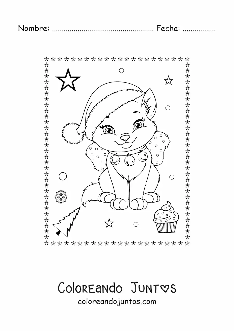 Imagen para colorear de gato navideño kawaii con lazo