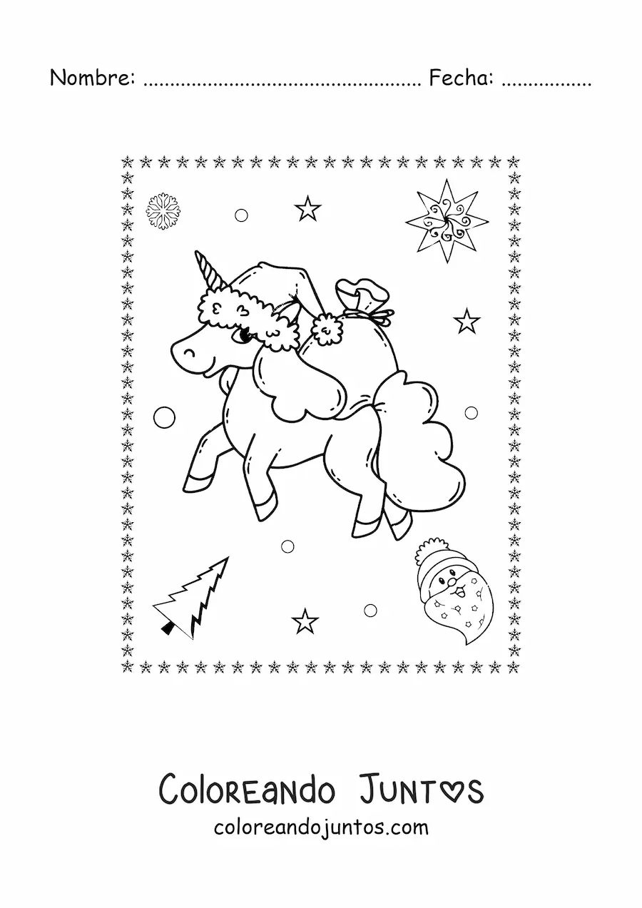 Imagen para colorear de unicornio navideño kawaii con regalos