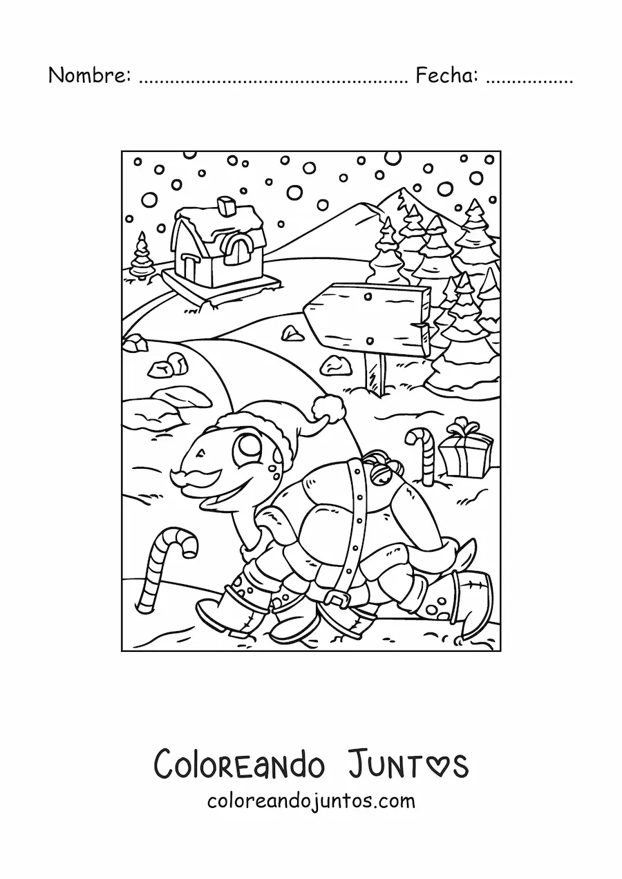 Imagen para colorear de tortuga navideña animada