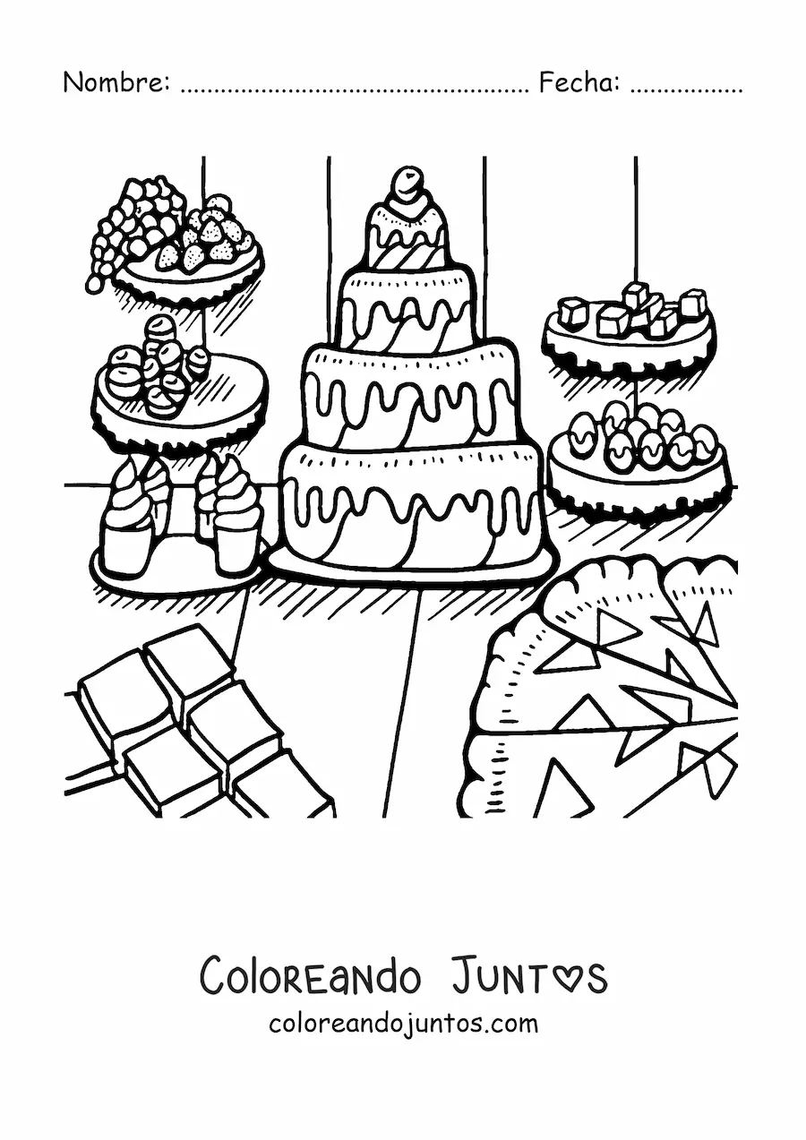Imagen para colorear de varios pasteles y postres