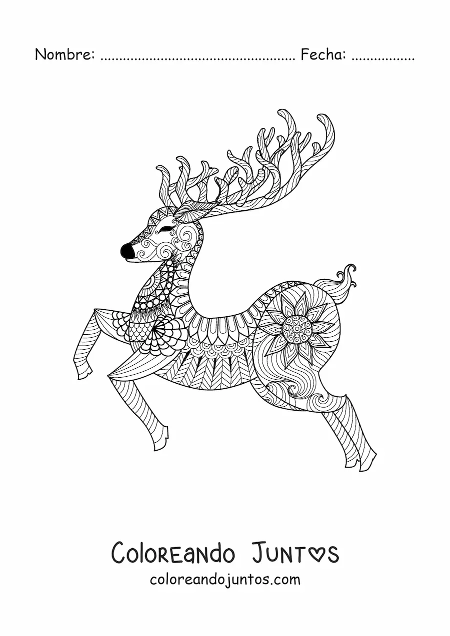 Imagen para colorear de ciervo navideño estilo zentangle