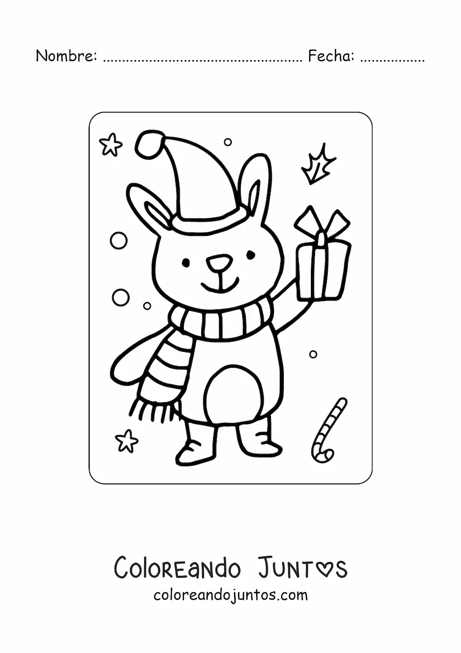 Imagen para colorear de conejo navideño con bufanda