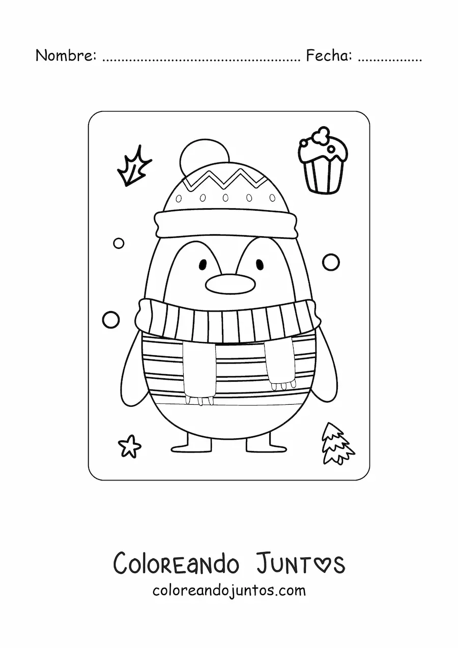 Imagen para colorear de pingüino navideño con bufanda y gorro