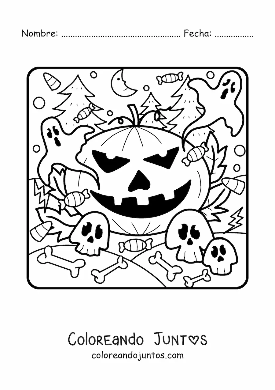 Imagen para colorear de calabaza de Halloween grande con fantasmas