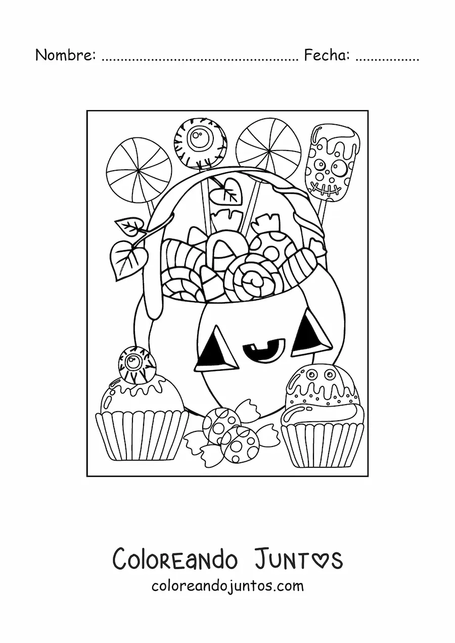 Imagen para colorear de calabaza de Halloween kawaii con dulces