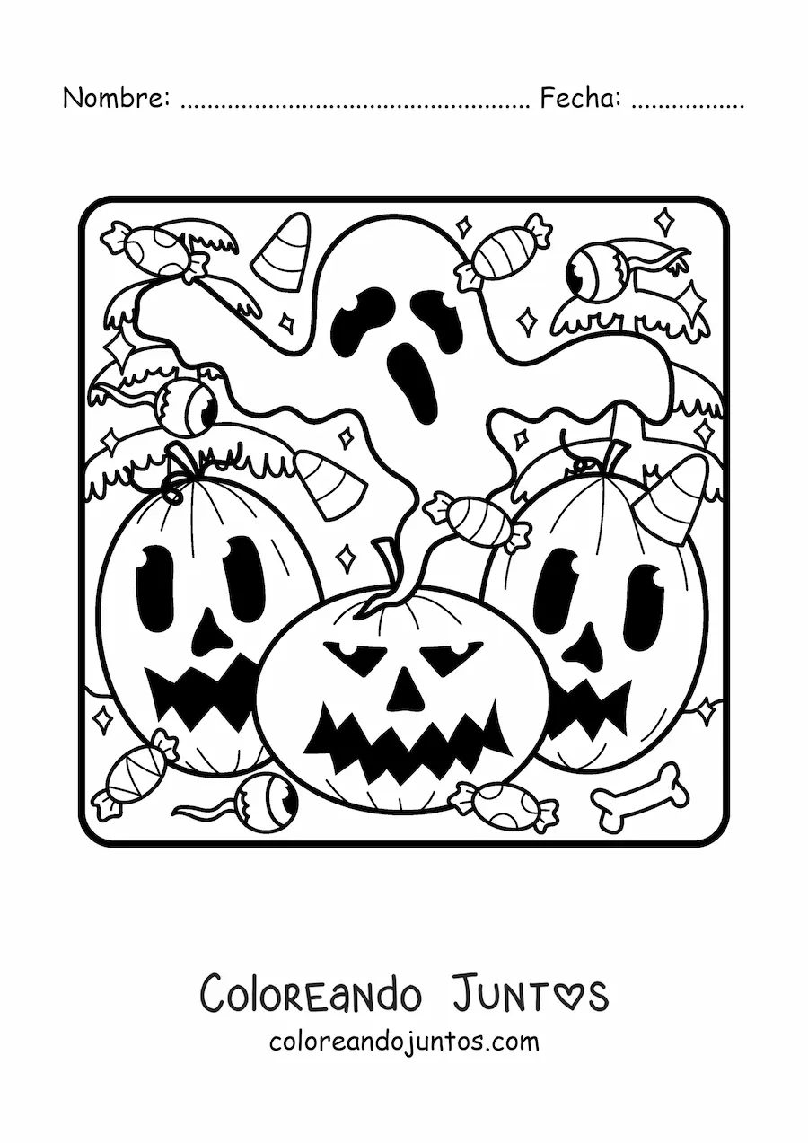 Imagen para colorear de calabazas de Halloween juntas con fantasma