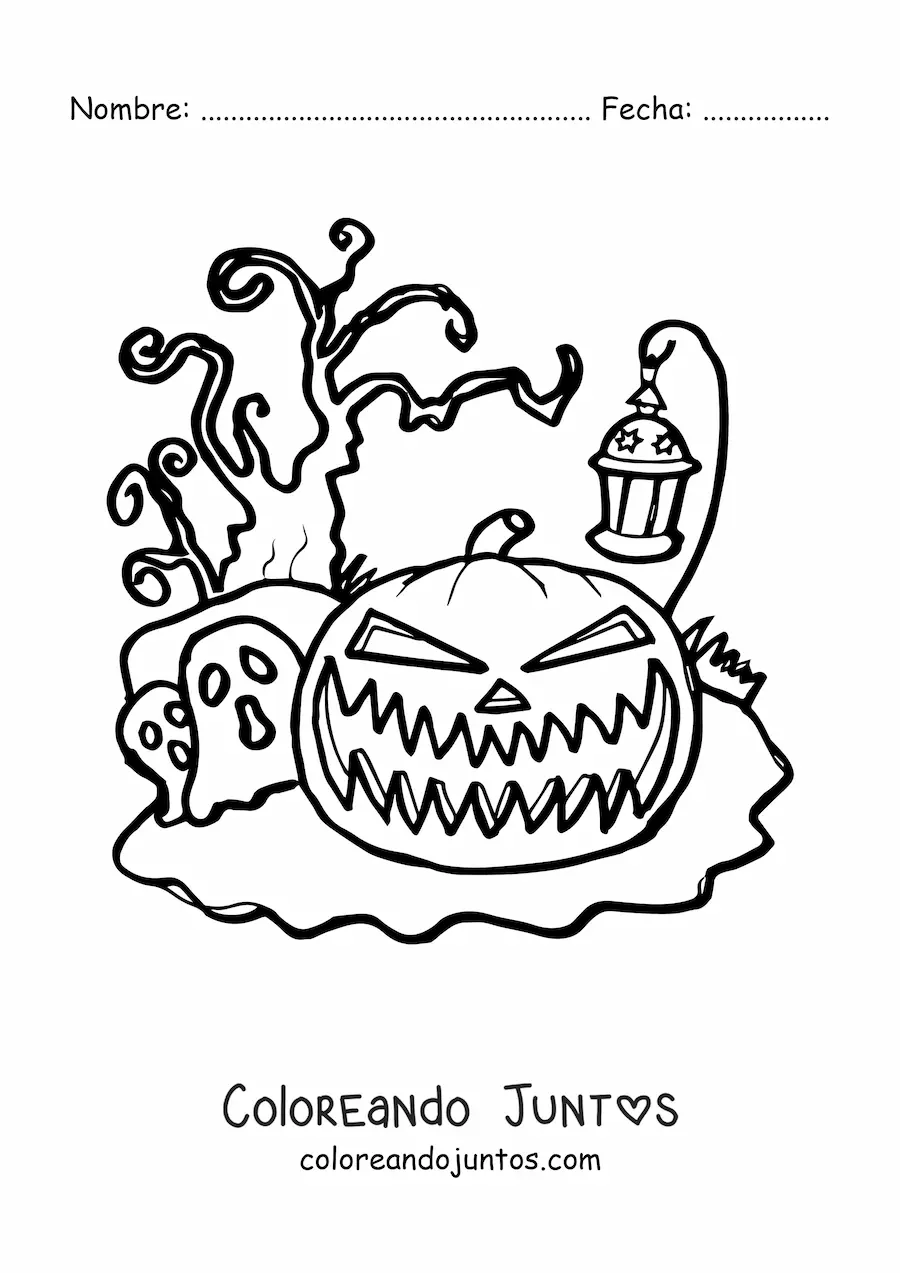 Imagen para colorear de calabaza de Halloween de miedo con linterna